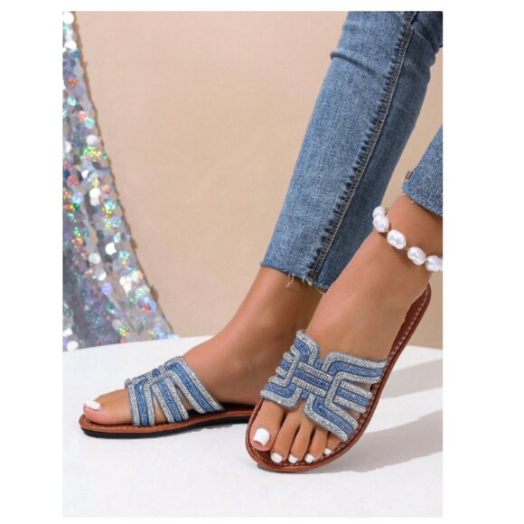 Women's Blue Beaded Slide Sandals - Open Toe Casual Flats - Size 6.5 - Picture 3 of 5